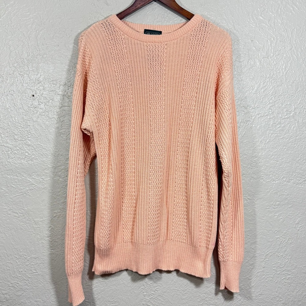 Vtg 90s Sweater XL Cable Knit Chunky Peach Pastel Cotton Neil Martin Jamaica Y2K